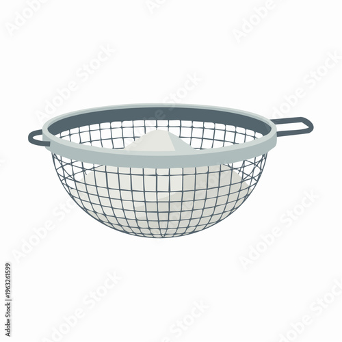 Illustration of a metal kitchen colander with handles