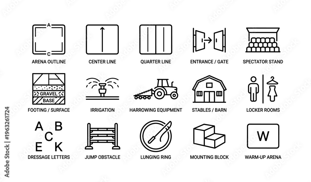 Fototapeta premium Horse arena symbols and equipment icons for equestrian facilities