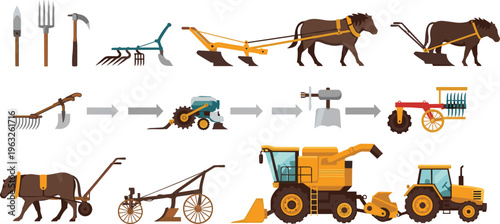 Agriculture Evolution and Farming Equipment Illustration Set with Ancient Tools, Horse Plow, Tractor, Harvester, and Modern Farm Machinery Vector Collection