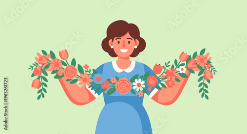 Woman holding colorful flowers bouquet happily.