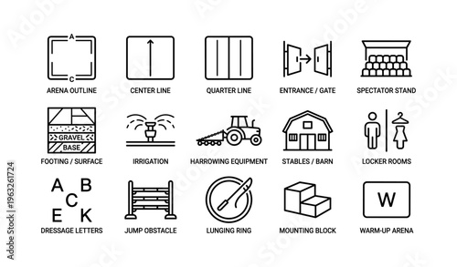 Horse arena symbols and equipment icons for equestrian facilities