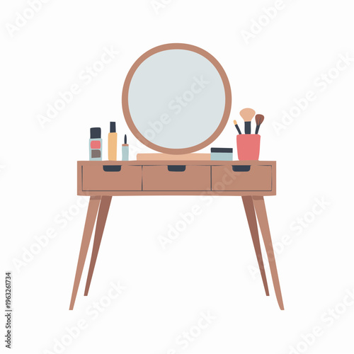 Colorful illustration of a wooden dressing table with makeup and mirro