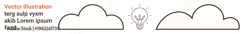 Brainstorming, idea generation, inspiration, creativity, innovation, cloud computing. Minimalistic design with two clouds framing a glowing light bulb. Innovation and brainstorming concept