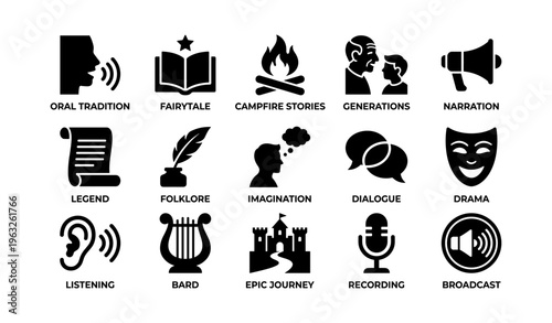 Storytelling icons collection with symbols of oral tradition and folklore