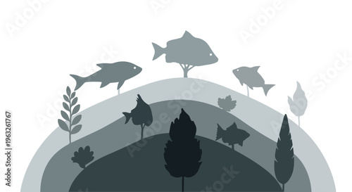 Minimalist grayscale design featuring fish, trees, hills, and layered semi-circles