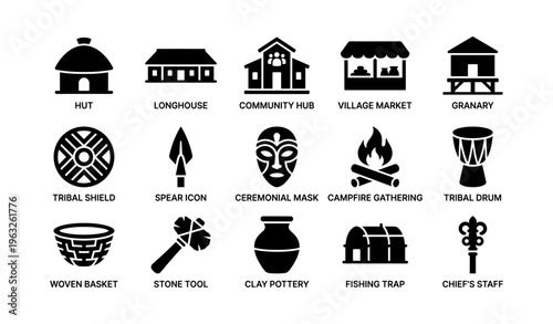 Traditional village icons collection featuring markets, tools, and cultural symbols
