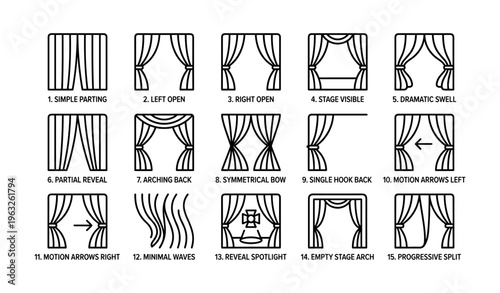 Icon set of 15 theater curtain designs for stage decoration