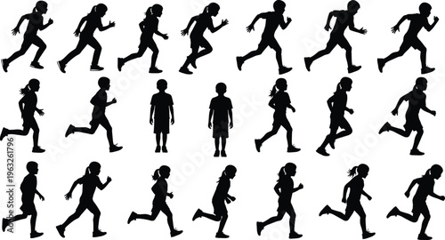 Silhouettes of children running and standing in dynamic motion poses, symbolizing activity, energy, playfulness, youthful movement, and childhood lifestyle for creative, educational, and design 