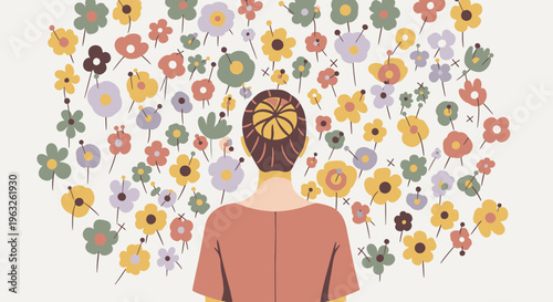 Woman surrounded by colorful blooming flowers.