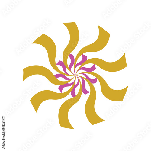This image features a vibrant, dual-layered sunburst or pinwheel design. The central, smaller magenta rays are nested within larger, golden-yellow wavy rays, 