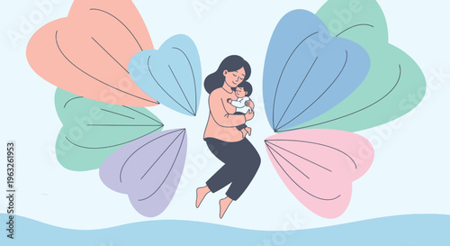 Mother nursing baby surrounded by colorful butterfly wings.