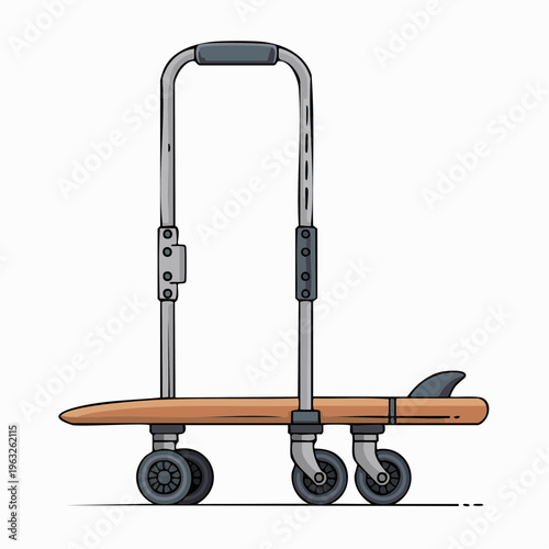 cartoon illustration of folding luggage cart with surfboard