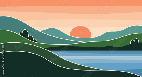 Minimalist illustration of a sunset over hills and a tranquil lake