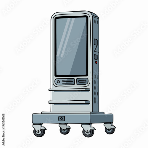 Cartoon illustration of a medical crash cart with monitor