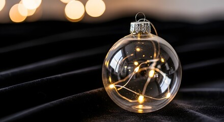 Clear glass Christmas bauble with warm LED fairy lights on dark velvet cloth background.