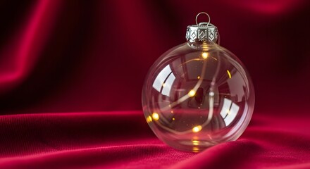 Clear glass Christmas bauble with warm LED fairy lights on dark red velvet cloth background.