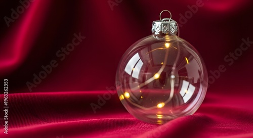 Clear glass Christmas bauble with warm LED fairy lights on dark red velvet cloth background.