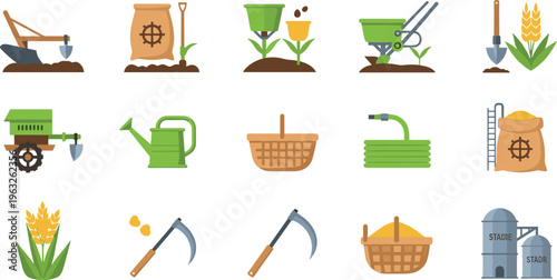 Agriculture Farming Icon Set with Tractor, Wheat, Watering Can, Tools, Harvest Basket, Irrigation, and Farm Equipment Vector Illustration Collection