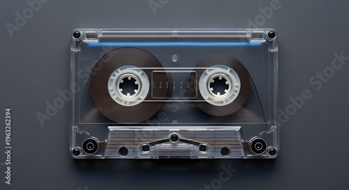 Retro audio cassette tape in transparent plastic case on grey background top view.