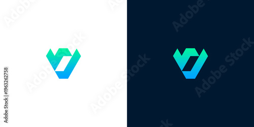 Modern abstract letter V logo design featuring a dynamic gradient of teal and blue hues, symbolizing innovation, connection, and forward progress in digital technology or business branding endeavors
