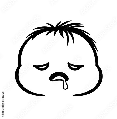 Sleepy sick baby face icon with runny nose, tired and ill expression, cute simple illustration
