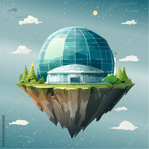Floating Island with Geodesic Dome and Yurt Structure.