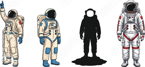 Astronaut Character Set with Space Suits, Helmet, and Various Poses for Space Exploration and Sci-Fi Designs