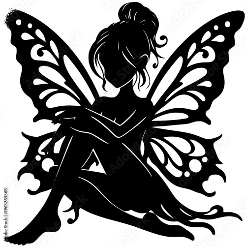 Fantasy fairy silhouette, small girl in dress with flowing hair, butterfly wings spread, holding a star in hand, monochrome vector art, high contrast