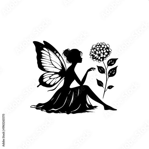 Fantasy fairy silhouette, small girl in dress with flowing hair, butterfly wings spread, holding a star in hand, monochrome vector art, high contrast