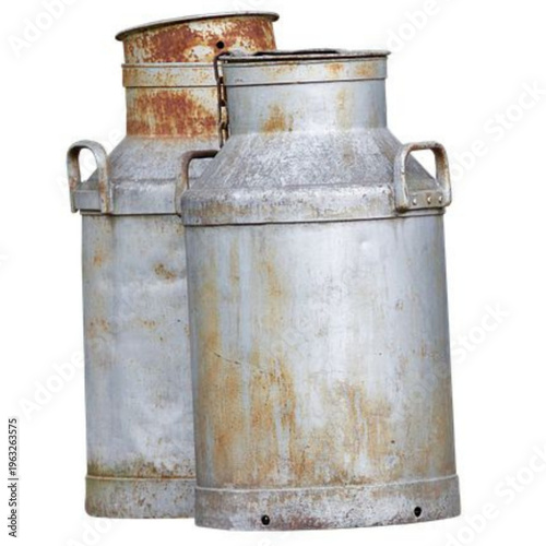 

An isolated vintage metal milk jug and antique steel farm churn container for dairy agriculture equipment on a white background