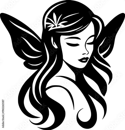 Fantasy fairy silhouette, small girl in dress with flowing hair, butterfly wings spread, holding a star in hand, monochrome vector art, high contrast