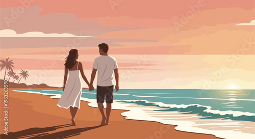 Couple Walking on Sandy Beach Together.