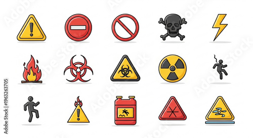 A set of warning signs and symbols for safety and hazard alerts
