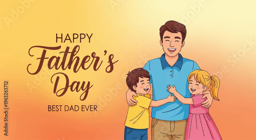 Happy father's day family illustration with kids hugging dad on orange background