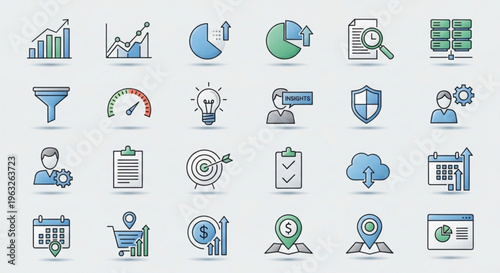 A collection of business and finance icons in a flat design style