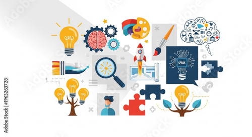 A colorful vector graphic illustrating various creative and innovative concepts