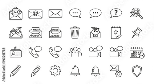 A set of line art icons representing communication and office work