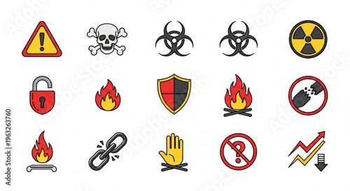 A set of warning icons and symbols for safety and caution