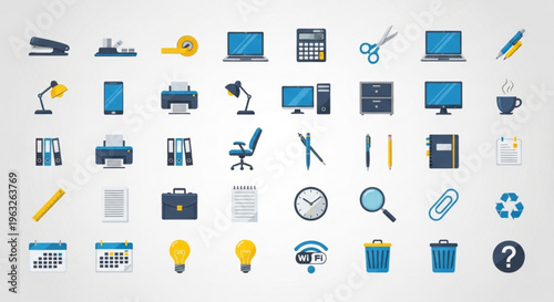 A collection of office supplies and technology icons in a flat design style