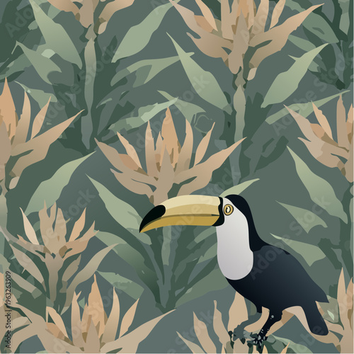 A striking toucan with a prominent yellow beak stands out against a lush green backdrop.