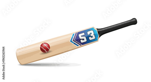 Cricket bat with red ball.