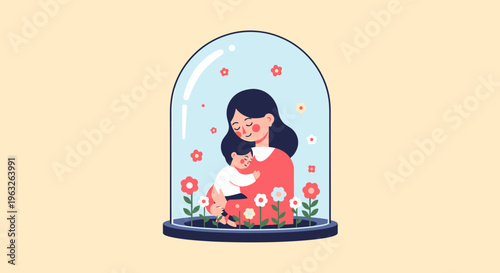 Woman holding baby under glass dome.