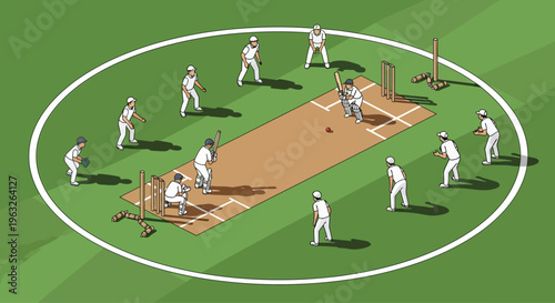 Cricket players on the field playing.