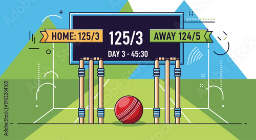 Cricket Scoreboard with Ball and Stumps.