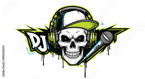 DJ Skull Headphones Microphone Logo.
