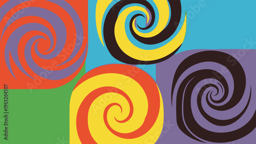 Psychedelic retro spiral background, colorful 1960s pop art vector pattern, vintage groovy swirl wallpaper with vibrant geometric shapes