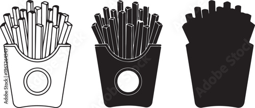 French fries vector icon set, three distinct styles of fast food potato fries in a classic paper box, perfect for menu design or restaurant branding