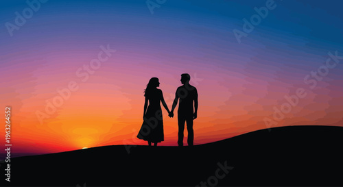 Loving Couple Holding Hands Silhouette Sunset.