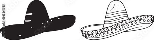 Mexican Sombrero Hat Vector Set, Traditional Culture Headwear, Black Silhouette and Outline Drawing, Festive Cinco de Mayo Apparel Graphic Resource