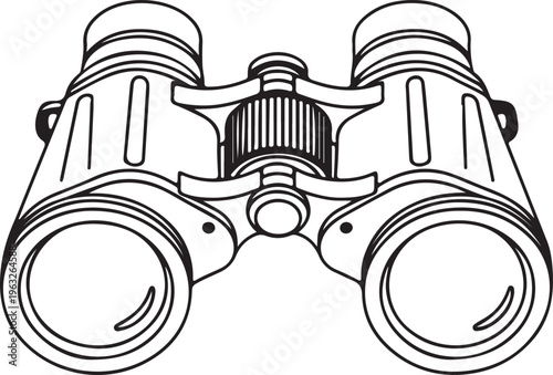 Classic black and white binoculars vector illustration, optical instrument for observation, detailed line art graphic resource, exploration and adventure concept